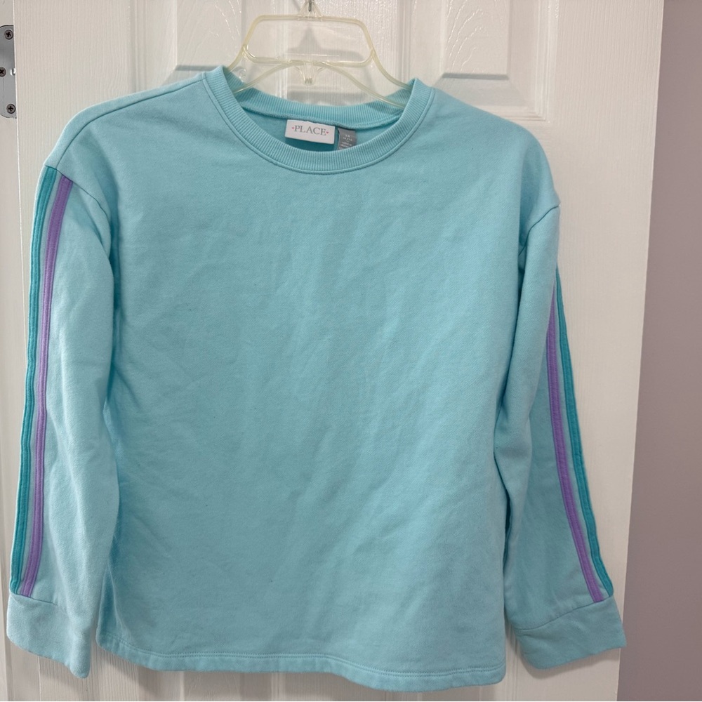 Children’s PLACE girls Aqua Long Sleeve Sweatshirt with Stripe Sleeves
